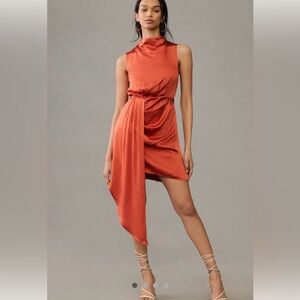 Mock neck draped silk dress by Anthropologie Orange baked paprika